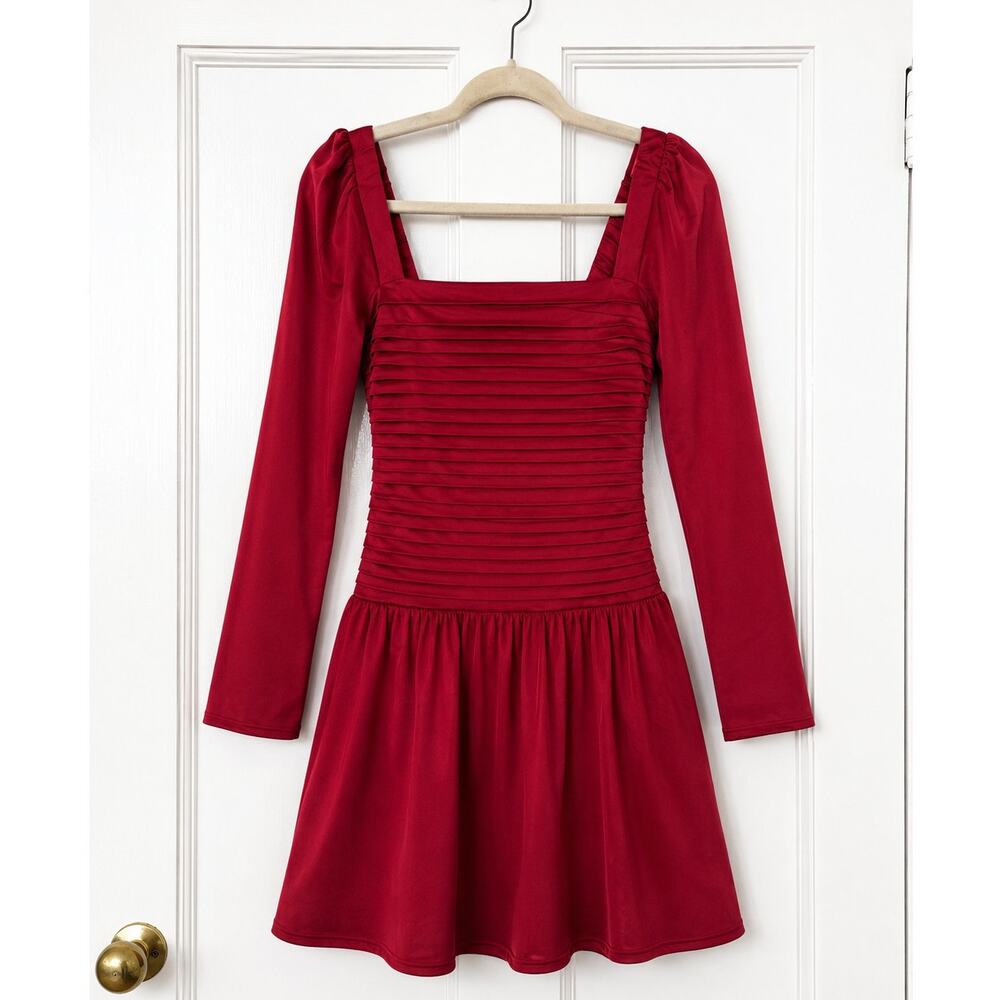 Abercrombie & Fitch XS Tall Red Satin Ruched Long Sleeve Mini Dress NWT